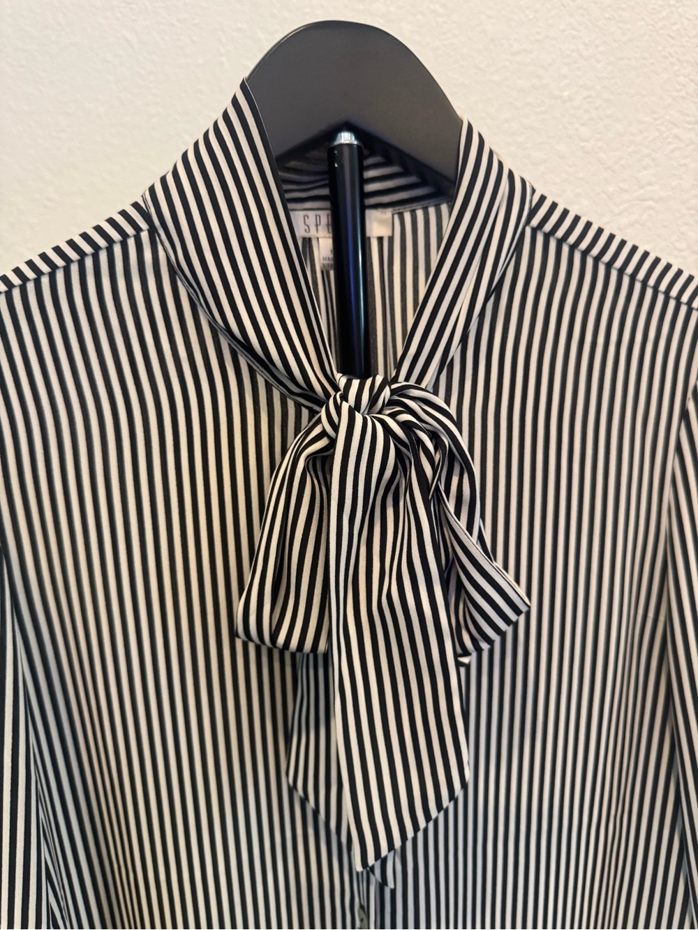 Spense Black and White Vertical Stripe Tie-Neck Blouse - Picture 2 of 4